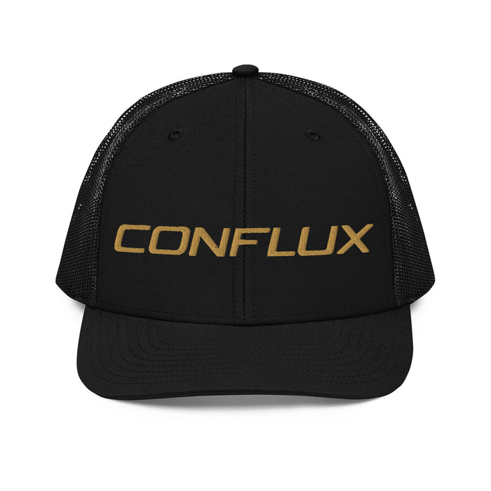 Conflux Reels trucker cap in black, front, gold embroidered wordmark