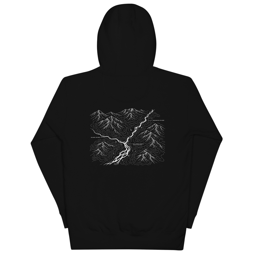 The Confluence Hoodie in black, back, map of the Elaho and Squamish rivers
