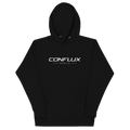 The Confluence Hoodie in black, front, Conflux Reels lockup