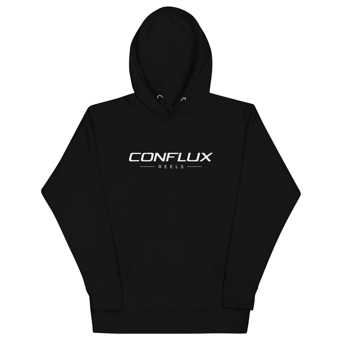 The Confluence Hoodie in black, front, Conflux Reels lockup