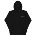 Conflux Reels Embroidered Hoodie in black, front, gold embroidered wordmark