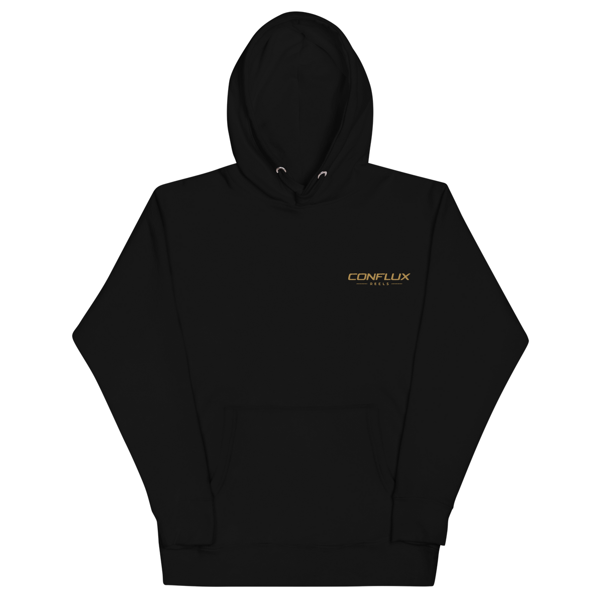Conflux Reels Embroidered Hoodie in black, front, gold embroidered wordmark