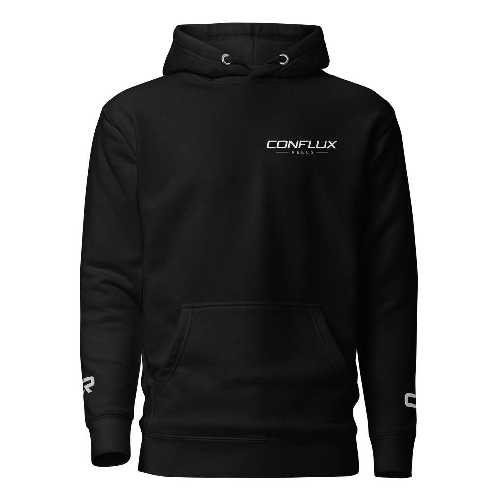 Conflux Reels Logo Hoodie in black, front, white lockup on the left chest