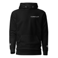 Conflux Reels Logo Hoodie in black, front, white lockup on the left chest