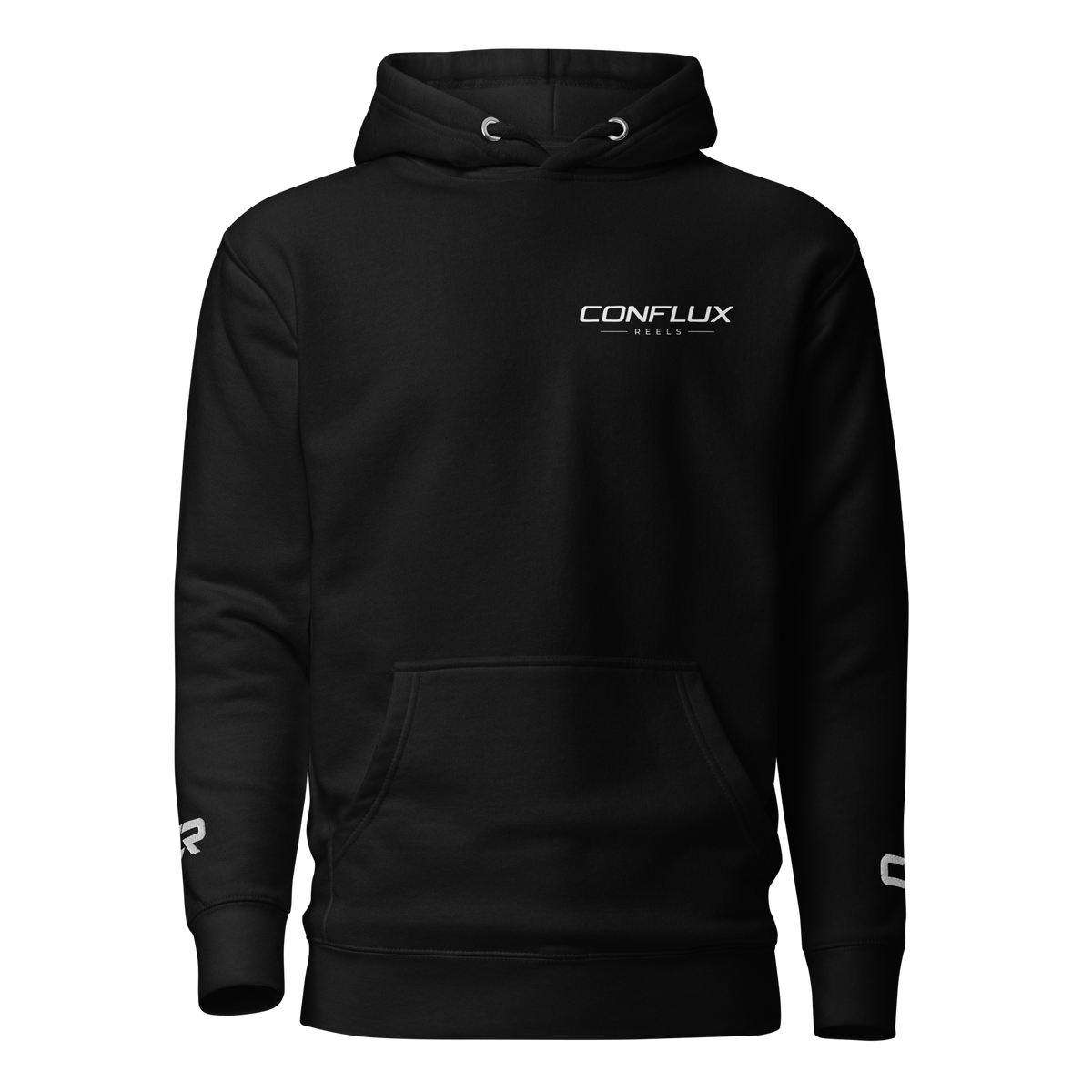 Conflux Reels Logo Hoodie in black, front, white lockup on the left chest