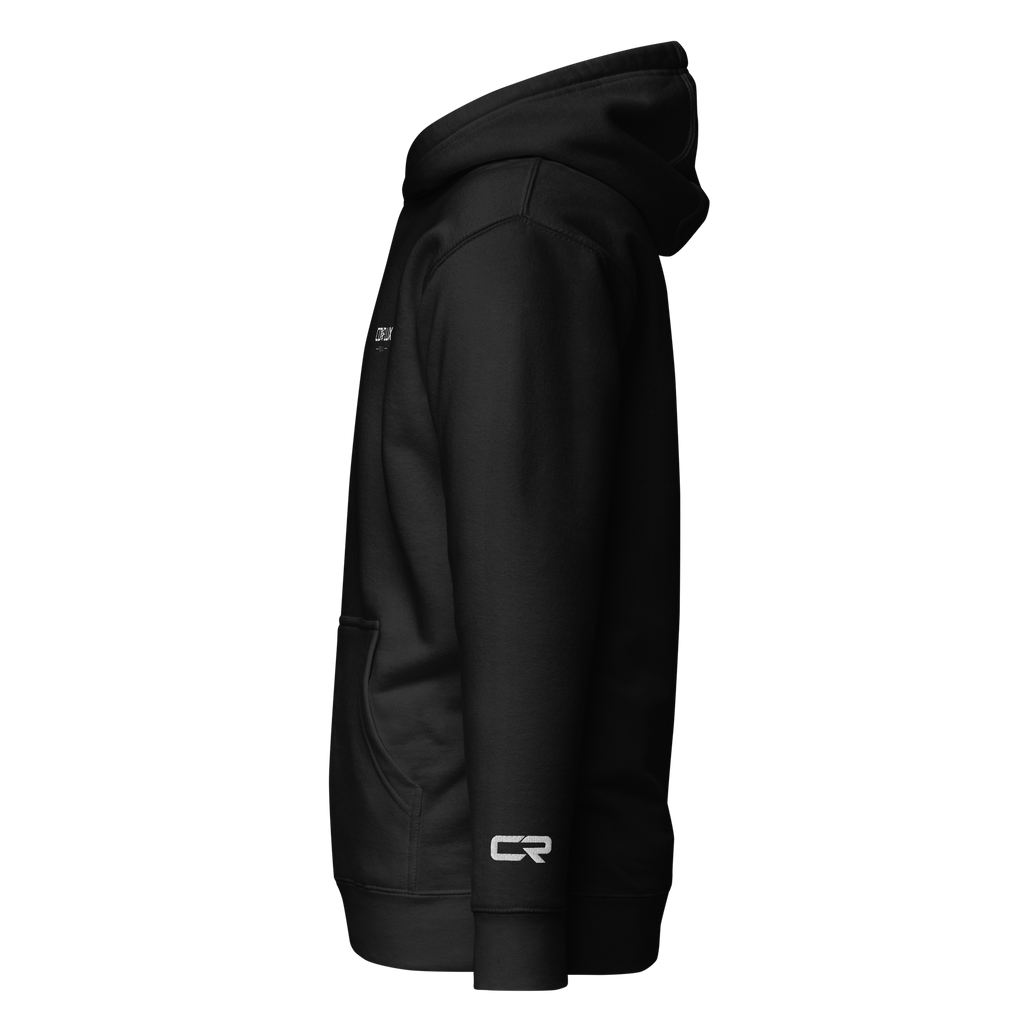 Conflux Reels Logo Hoodie, left side, CR monogram on the sleeve