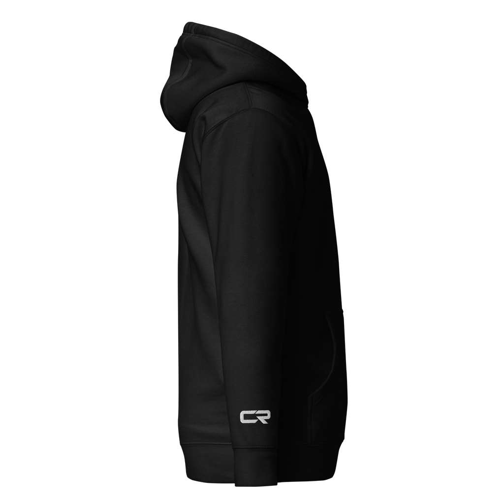 Conflux Reels Logo Hoodie, right side, CR monogram on the sleeve