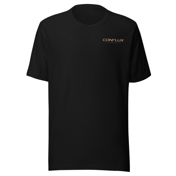 Conflux Reels Logo Tee in black, front, gold wordmark on the left chest
