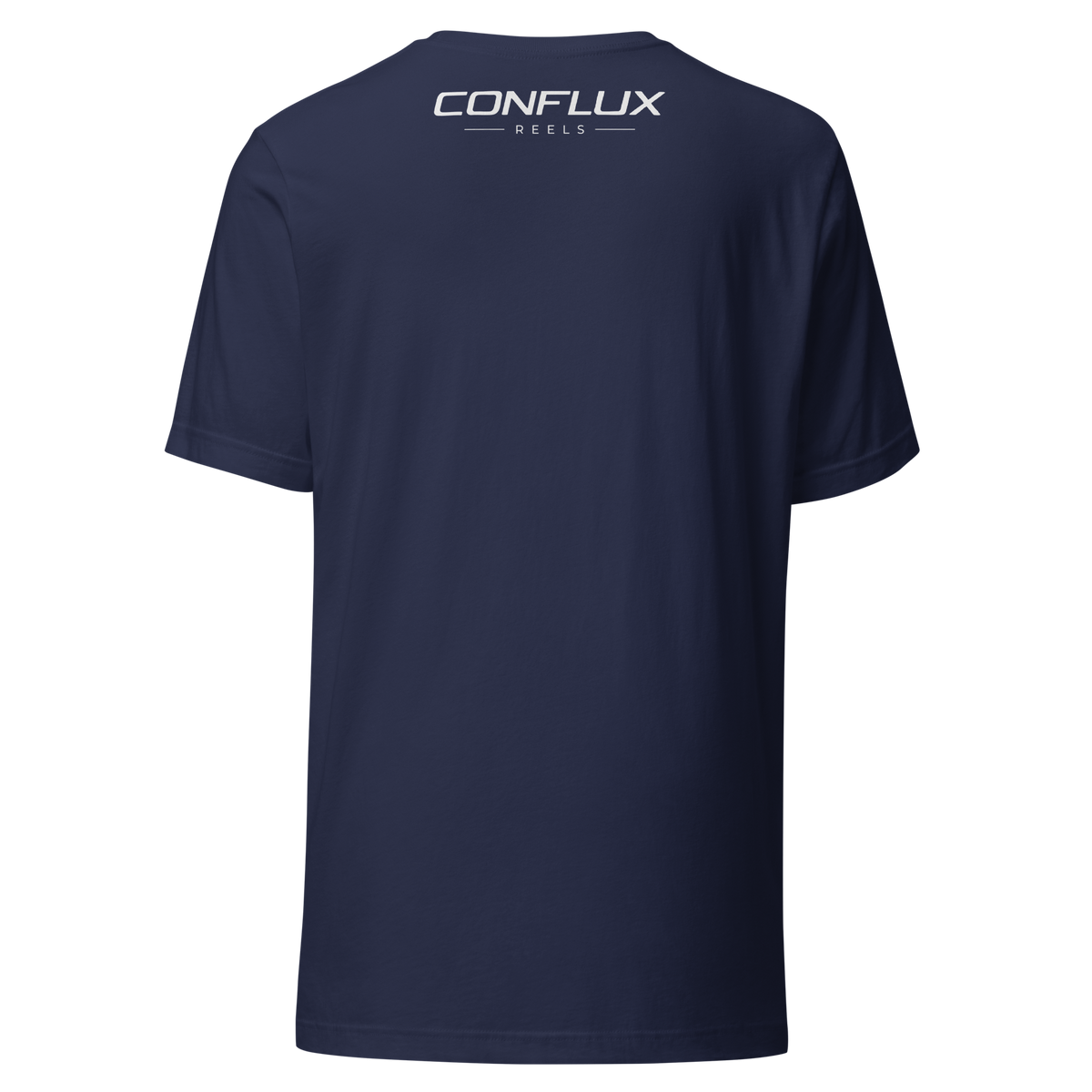 Conflux Badge Tee in navy, back, Conflux Reels lockup across the upper back