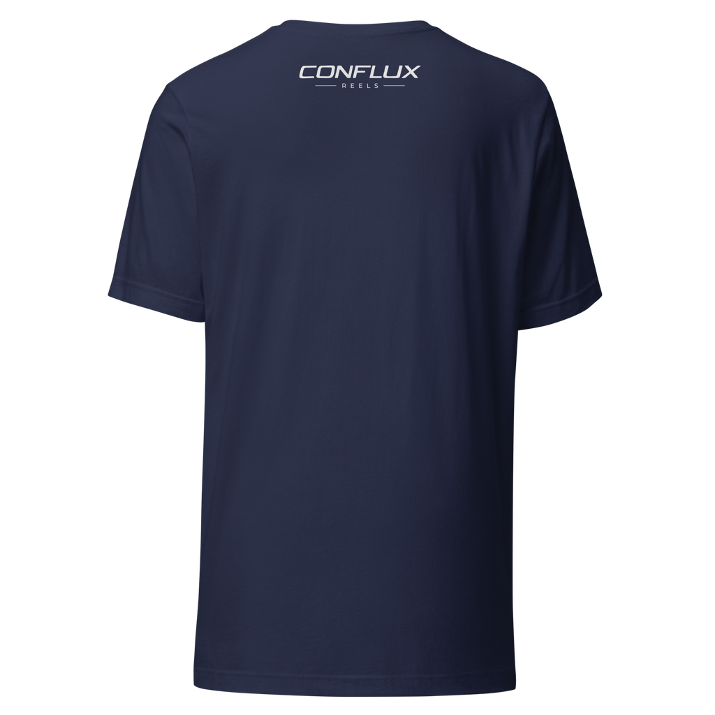 Conflux Wordmark Tee in navy, back, Conflux Reels lockup across the upper back