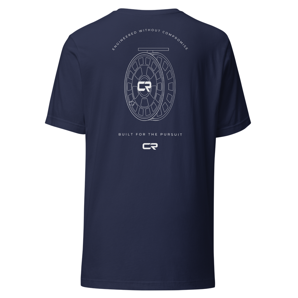 Built for the Pursuit Tee in navy, back, fine-line fly reel drawing