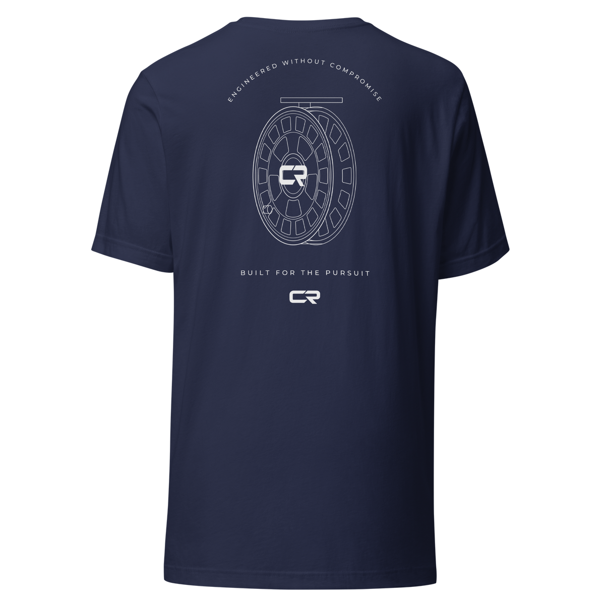 Built for the Pursuit Tee in navy, back, fine-line fly reel drawing