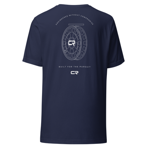 Built for the Pursuit Tee in navy, back, fine-line fly reel drawing