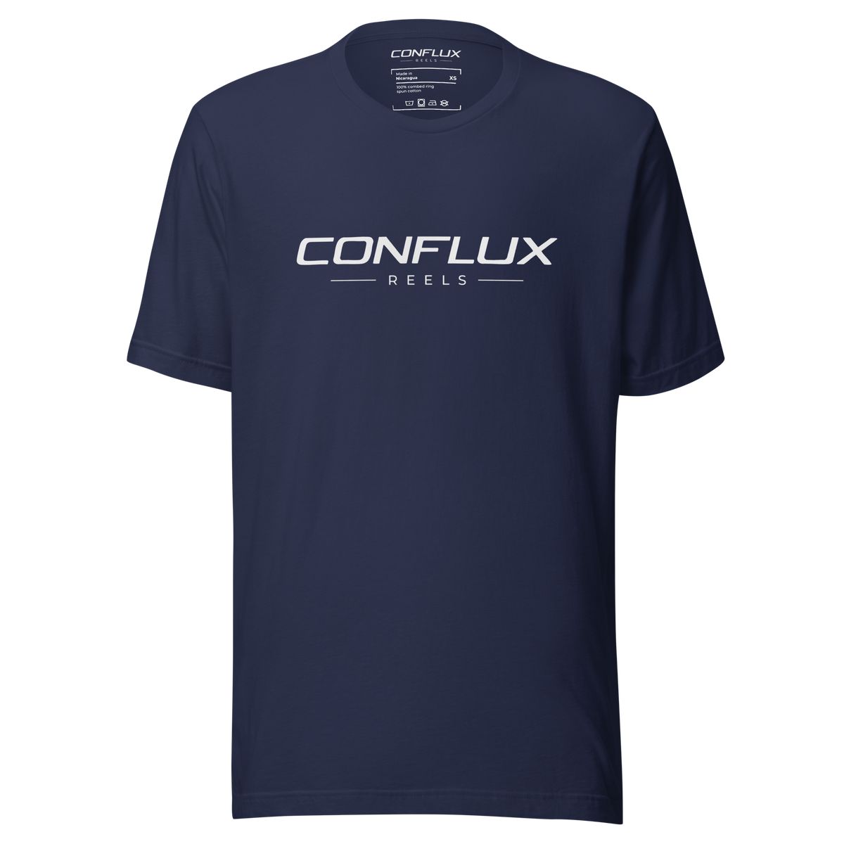 Conflux Reels Lockup Tee in navy, front, white lockup across the chest