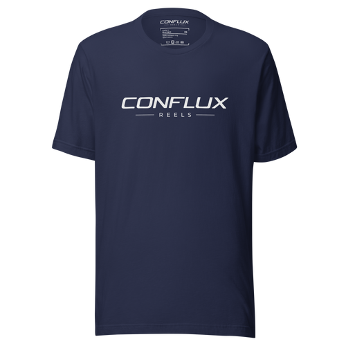 Conflux Reels Lockup Tee in navy, front, white lockup across the chest