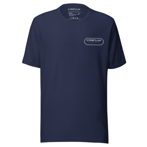 Conflux Badge Tee in navy, front, badge on the left chest