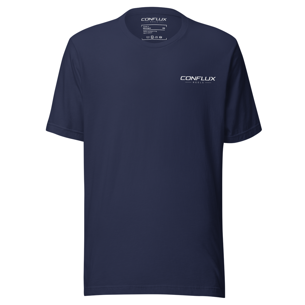 Conflux Wordmark Tee in navy, front, small wordmark on the left chest