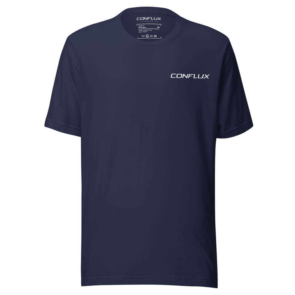 Built for the Pursuit Tee in navy, front, small wordmark on the left chest